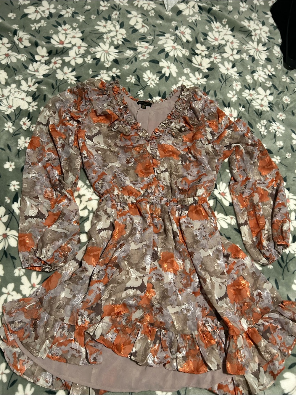Current Air Floral Long-Sleeve Dress — Orange & Taupe